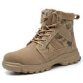 Khaki suede high-top combat boots with steel toe cap and lace-up front closure