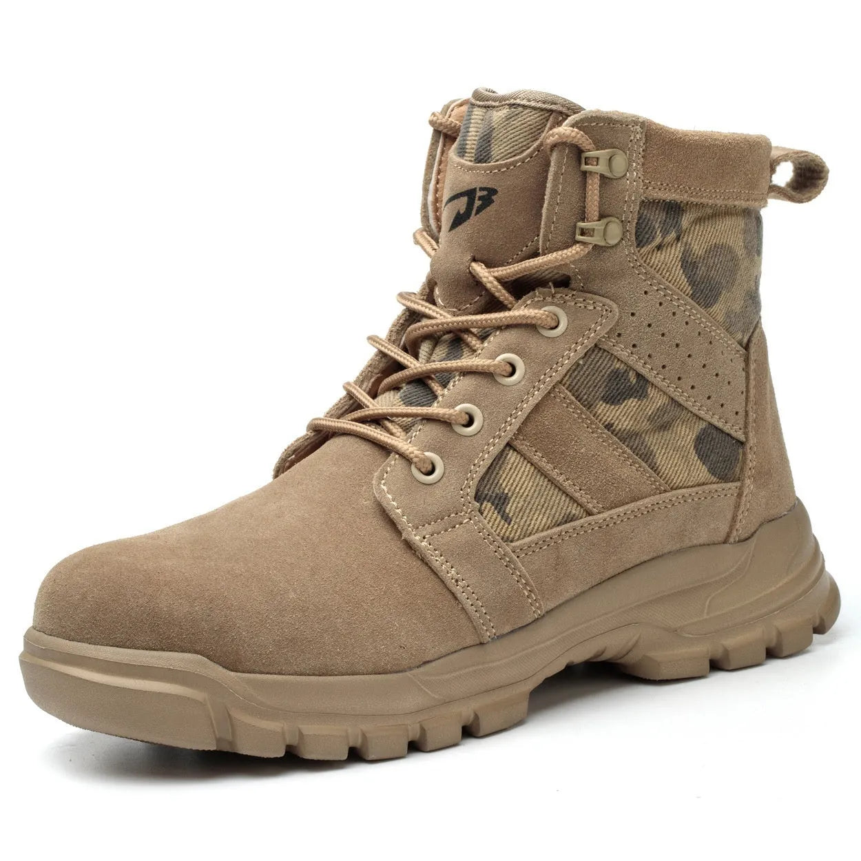 Khaki suede high-top combat boots with steel toe cap and lace-up front closure