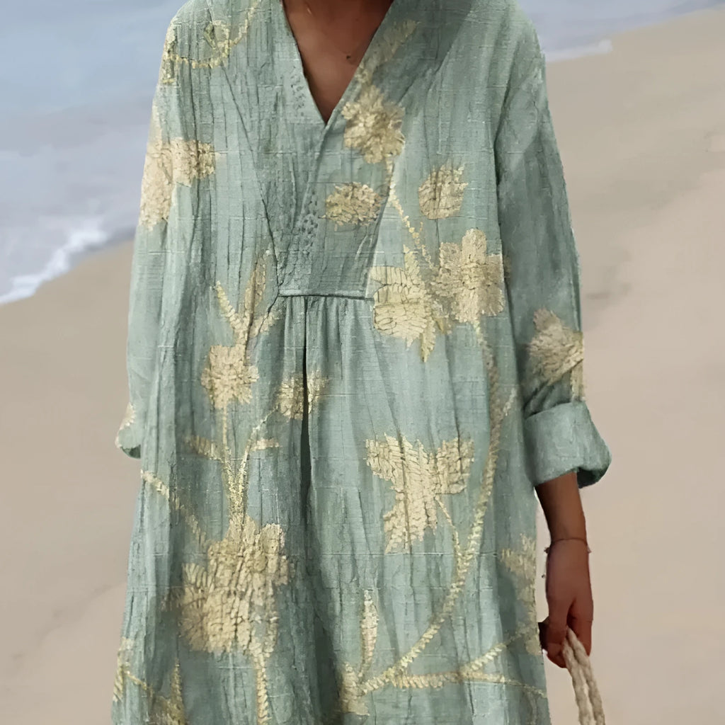 Women's long sleeve floral 3D printed shirt dress with a wide waist and long skirt.
