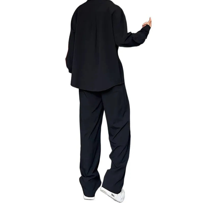 Men's black slim fit long sleeve polo shirt and trousers casual two-piece suit set