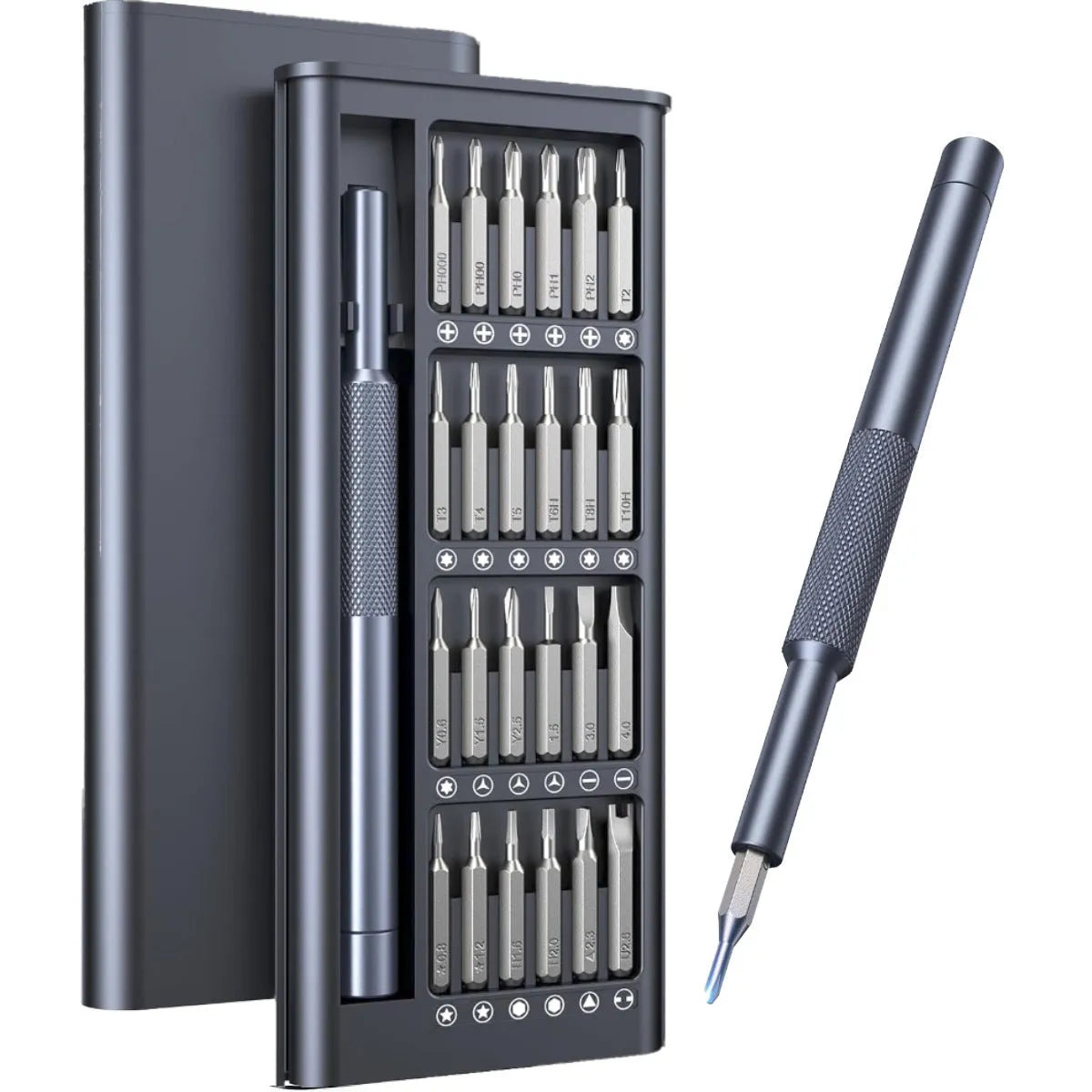 25-in-one magnetic screwdriver set with chrome vanadium bits and two black knurled handles.
