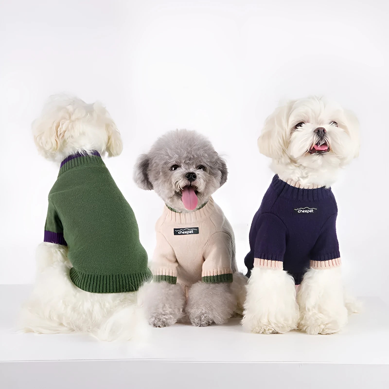 British-style wool pet sweater for dogs with contrasting leg panels in Crown Blue.