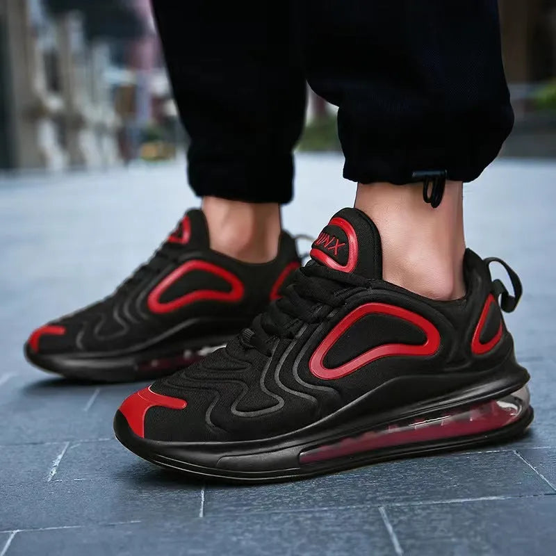Men's black casual sneakers with lace-up front and air cushion design