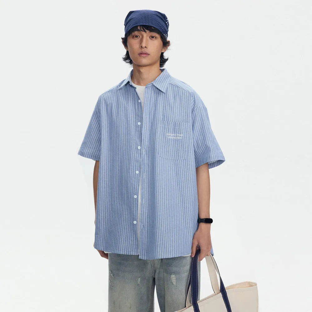 Blue striped loose-fit short-sleeved shirt in cardigan style for men and women