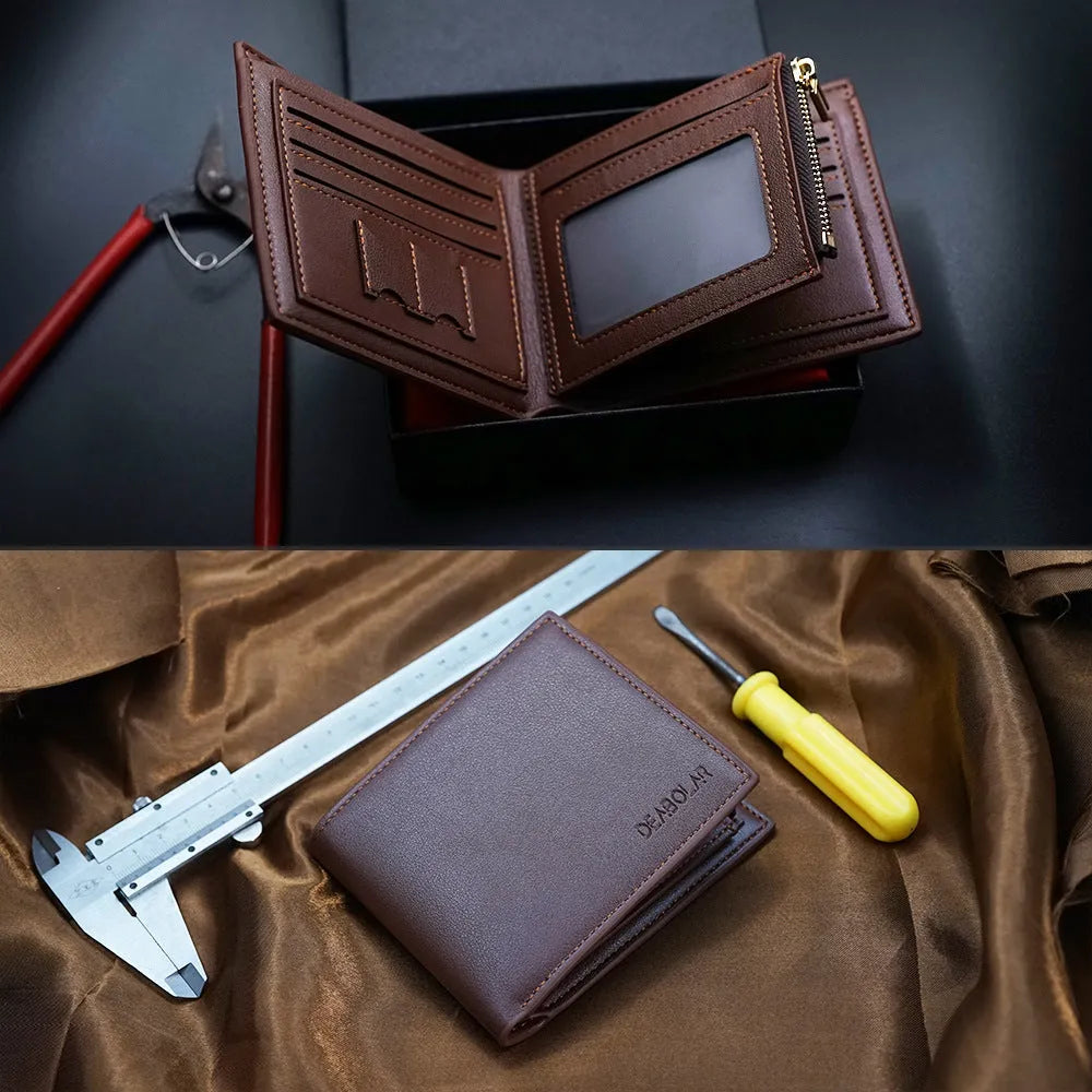 Men's leather wallet with zipper closure, individually packaged for gifting.