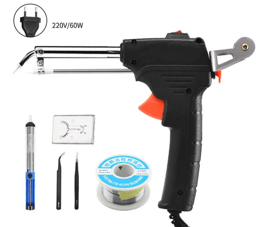 External heating handheld soldering gun with black plastic handle, stand, and accessories on workbench