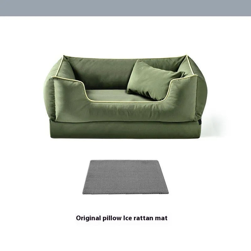 Waterproof dog kennel in dark green with removable washable mat pillow inside, showing bite-resistant construction.