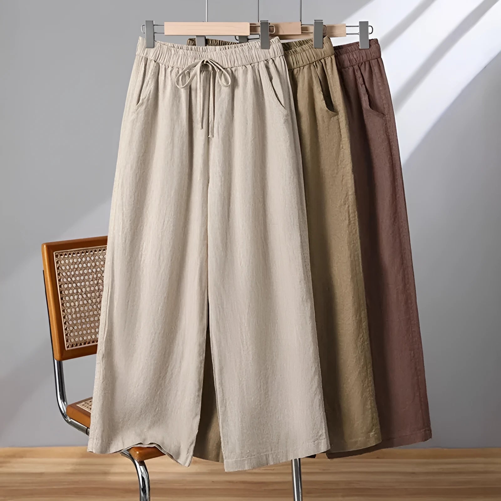 Women's straight-leg casual trousers with elastic waist and lace-up drawstring in apricot colour