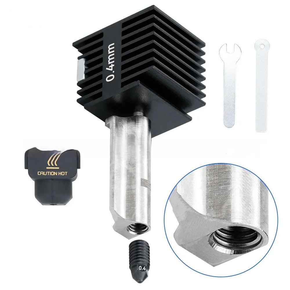 Bambu Lab A1 Mini hardened steel hot end assembly with multiple nozzle sizes and black silicone sleeve