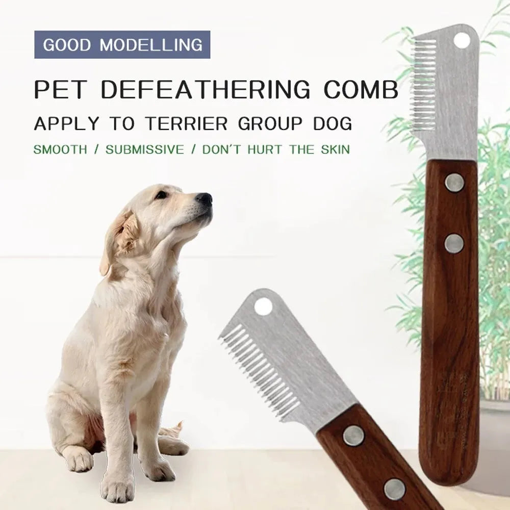 Wooden dog hair removal knife grooming tool on surface with wooden handle