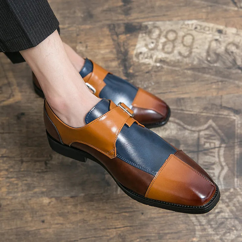 Men's brown-blue retro buckle casual shoes with a tall crown upper.