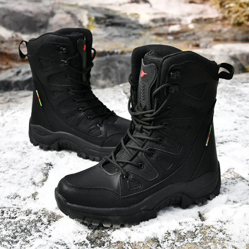 Men's beige cowhide hi-top hiking sneakers with platform sole for outdoor activities.