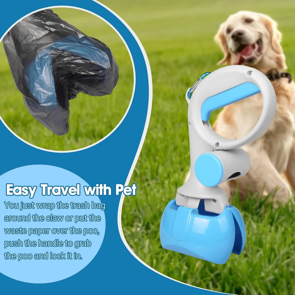 Black ABS plastic pet pooper scooper with integrated trash bag holder and top carry hook