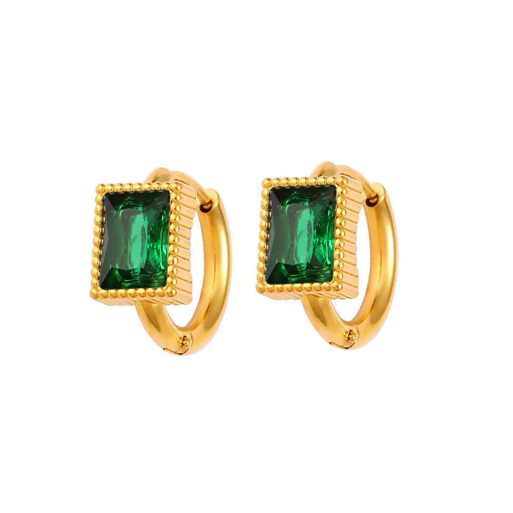Geometric stainless steel earrings with square zircon detailing in white, black or green colours