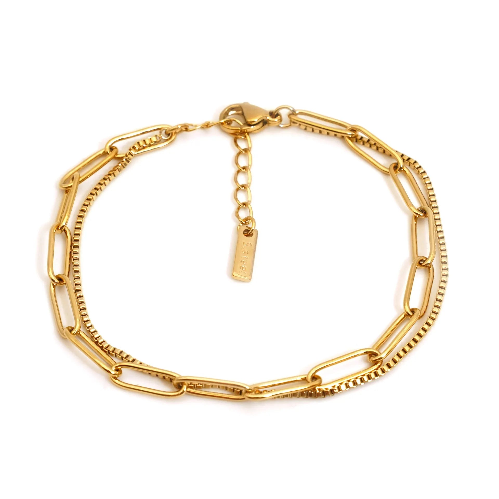 Women's double layer twin titanium steel bracelet in a geometric cold style, shown in gold and silver colours.