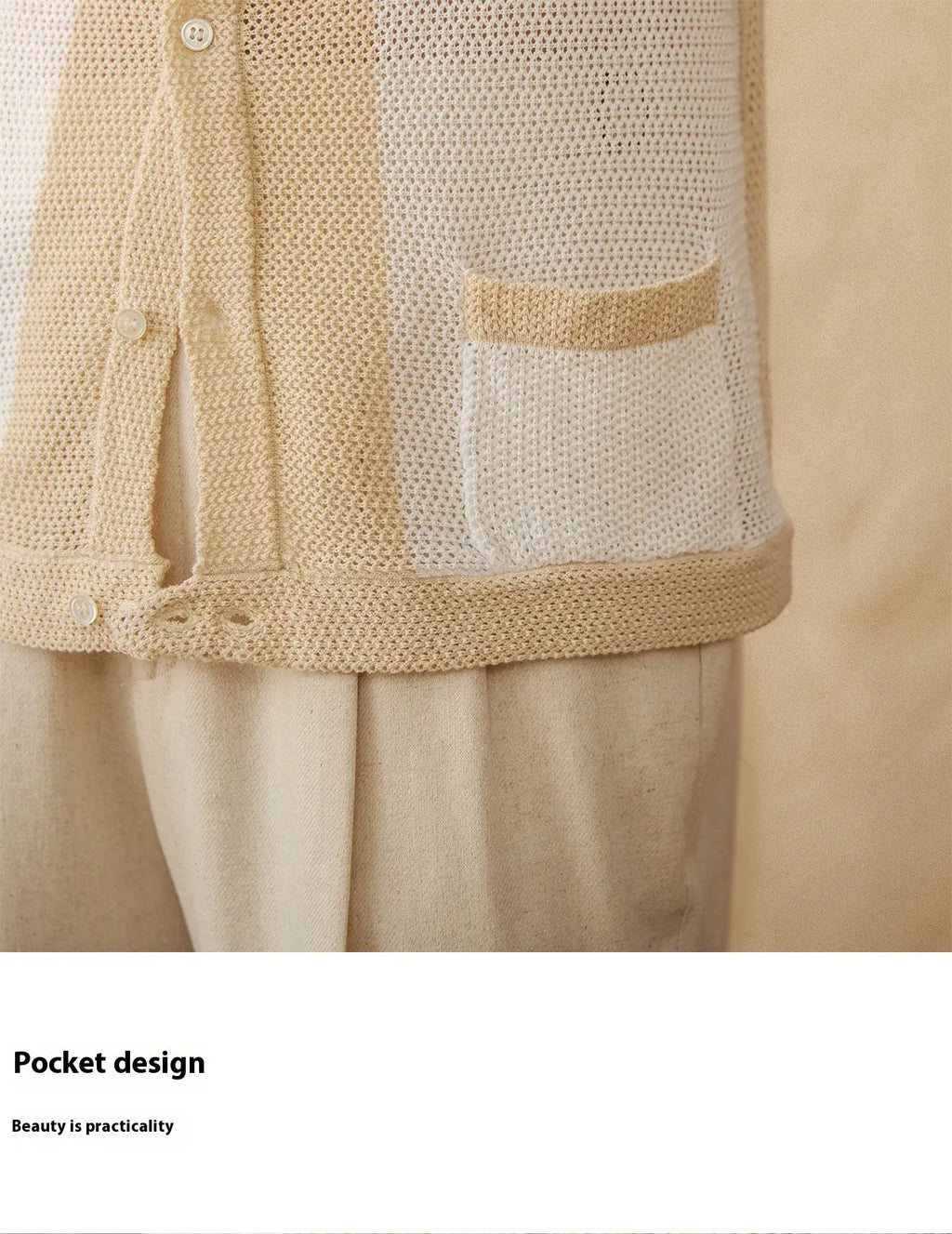 Beige linen-cotton blend short-sleeved cardigan with a lapel collar, laid flat.