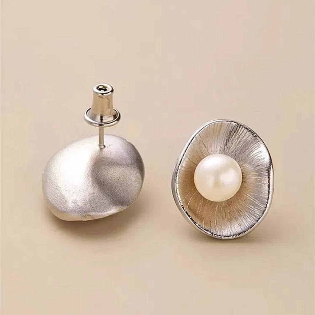 Pearl sterling silver geometric ear studs with needle posts for women