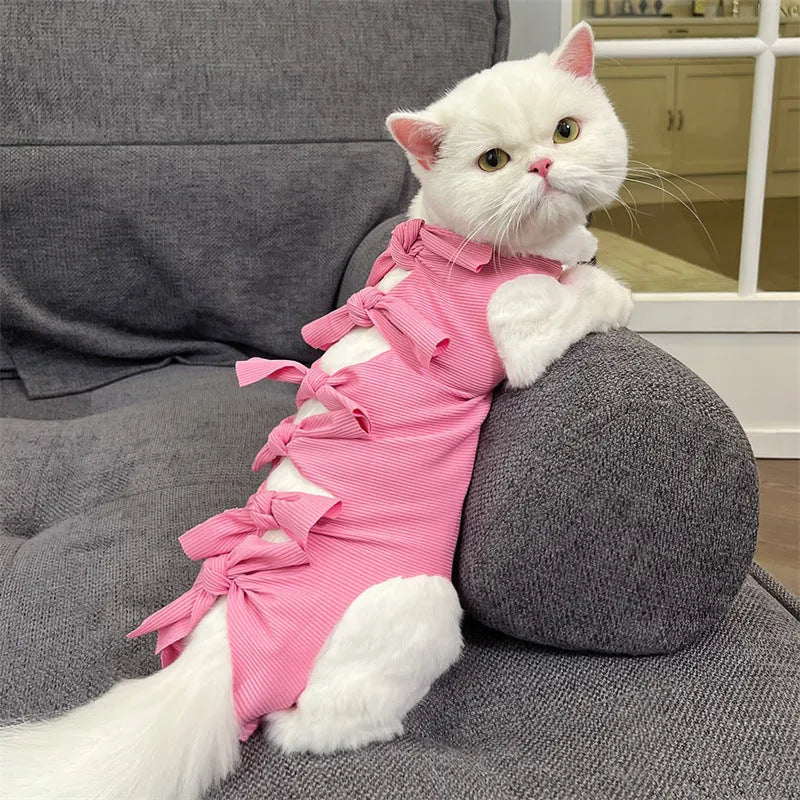 Lace-up polyester cat sterilisation clothing in multiple colours on size chart for 1.5kg to 9kg pets.
