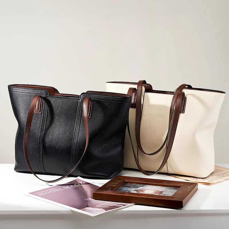 Black genuine leather women's commuter shoulder bag with horizontal square shape and single shoulder strap