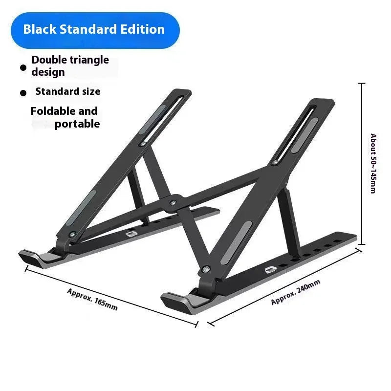 Silver aluminium alloy folding laptop stand holding a notebook on a desk
