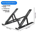 Silver aluminium alloy folding laptop stand holding a notebook on a desk