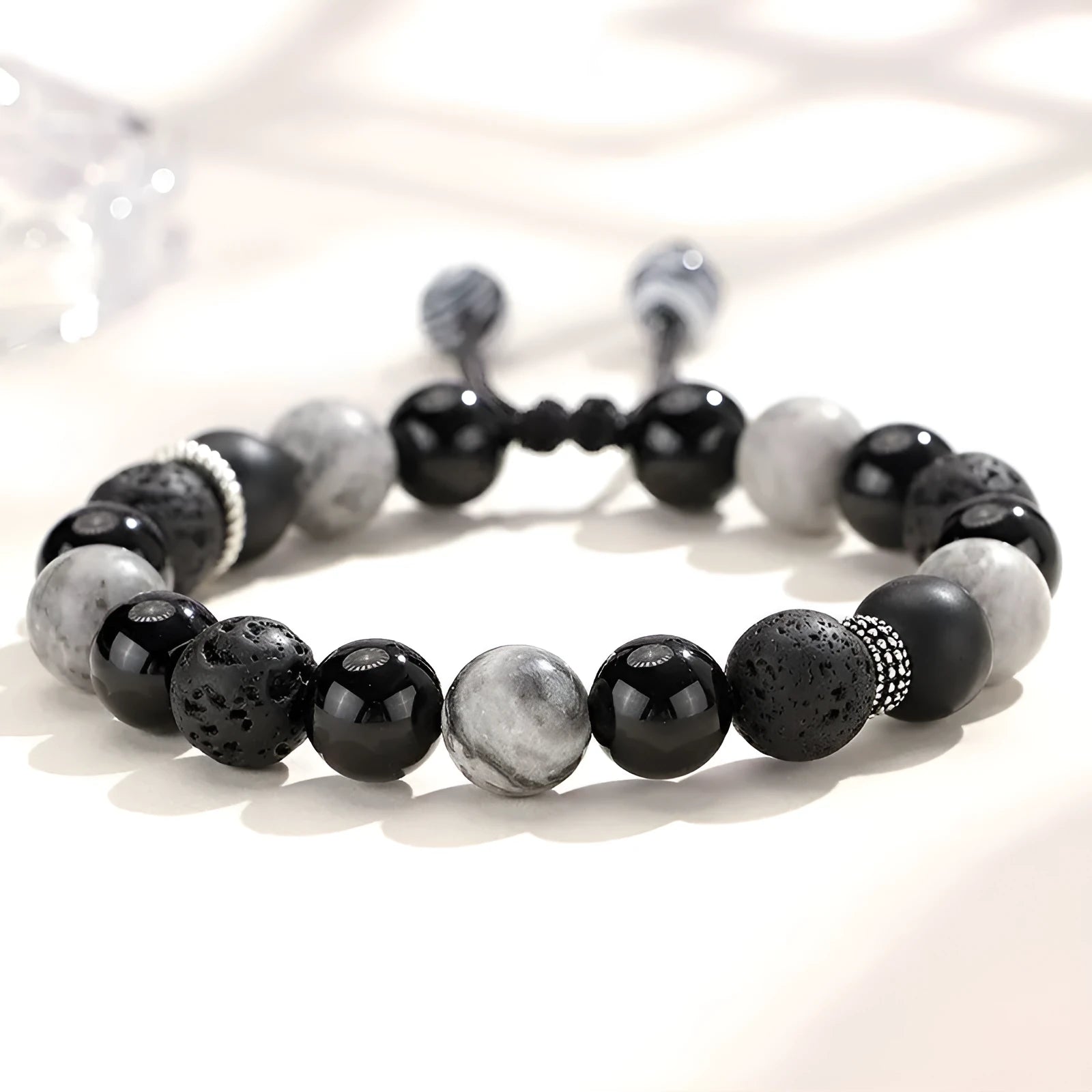 Black agate map stone volcanic rock bracelet with diamond shape elements, 10mm and 8mm sizes