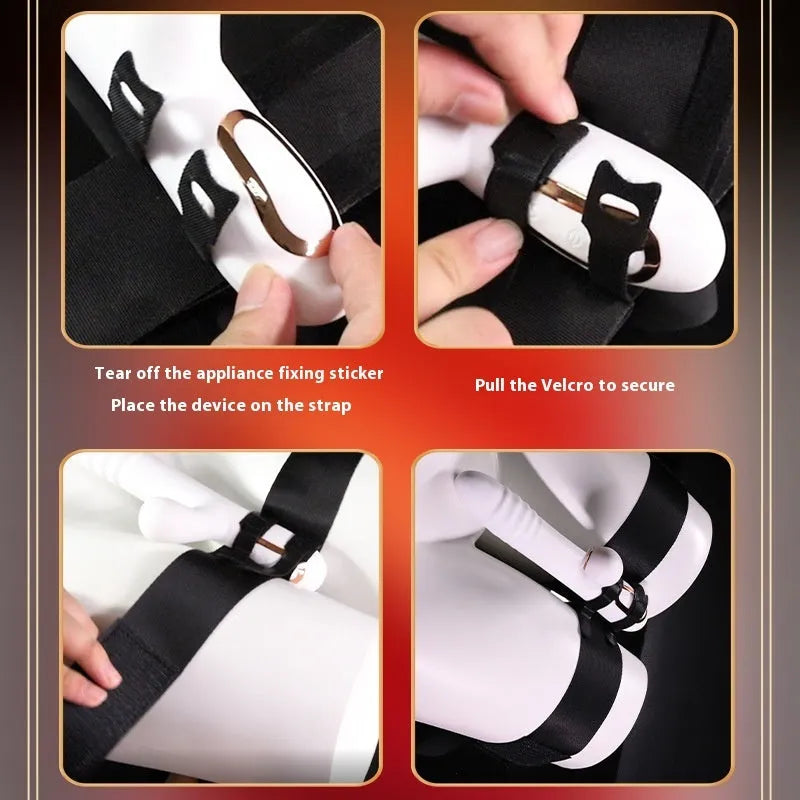Black knitted belt strap accessory for adult sex toy appliances on plain background