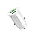 Black and white dual-port car charger with USB-A and USB-C ports for 12V vehicle sockets