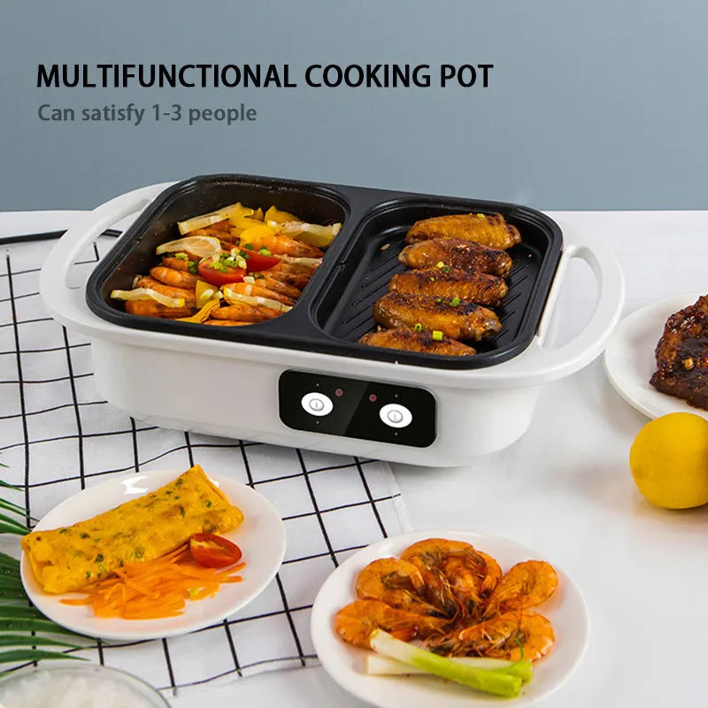 White and green dual-function electric hot pot and frying oven appliance with mechanical controls