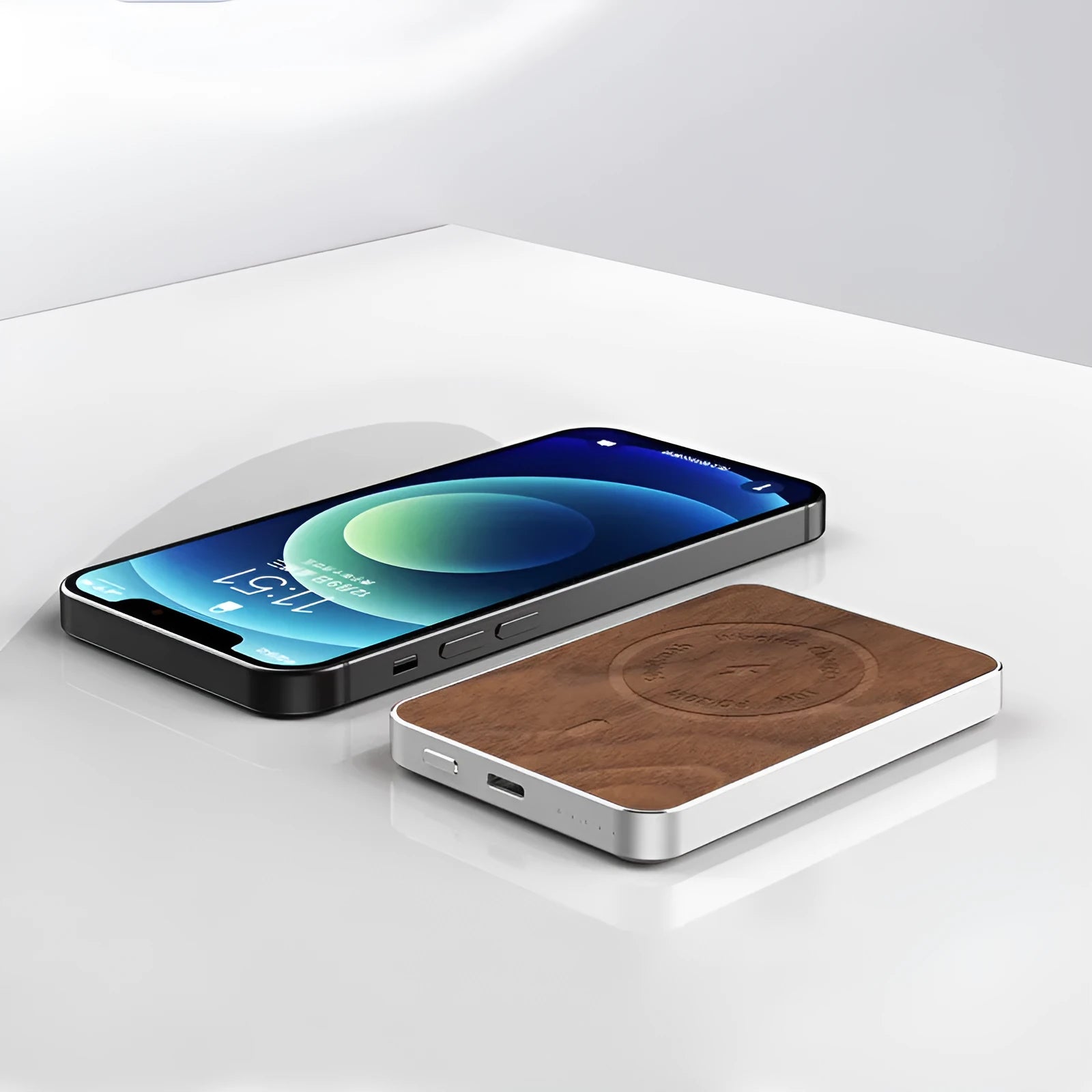 Khaki alloy wireless charging power bank with magnetic surface and 5000mAh capacity