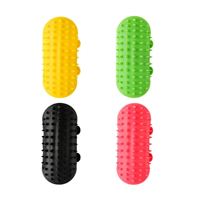 Silicone cat massage comb with rounded teeth and adjustable strap for table legs