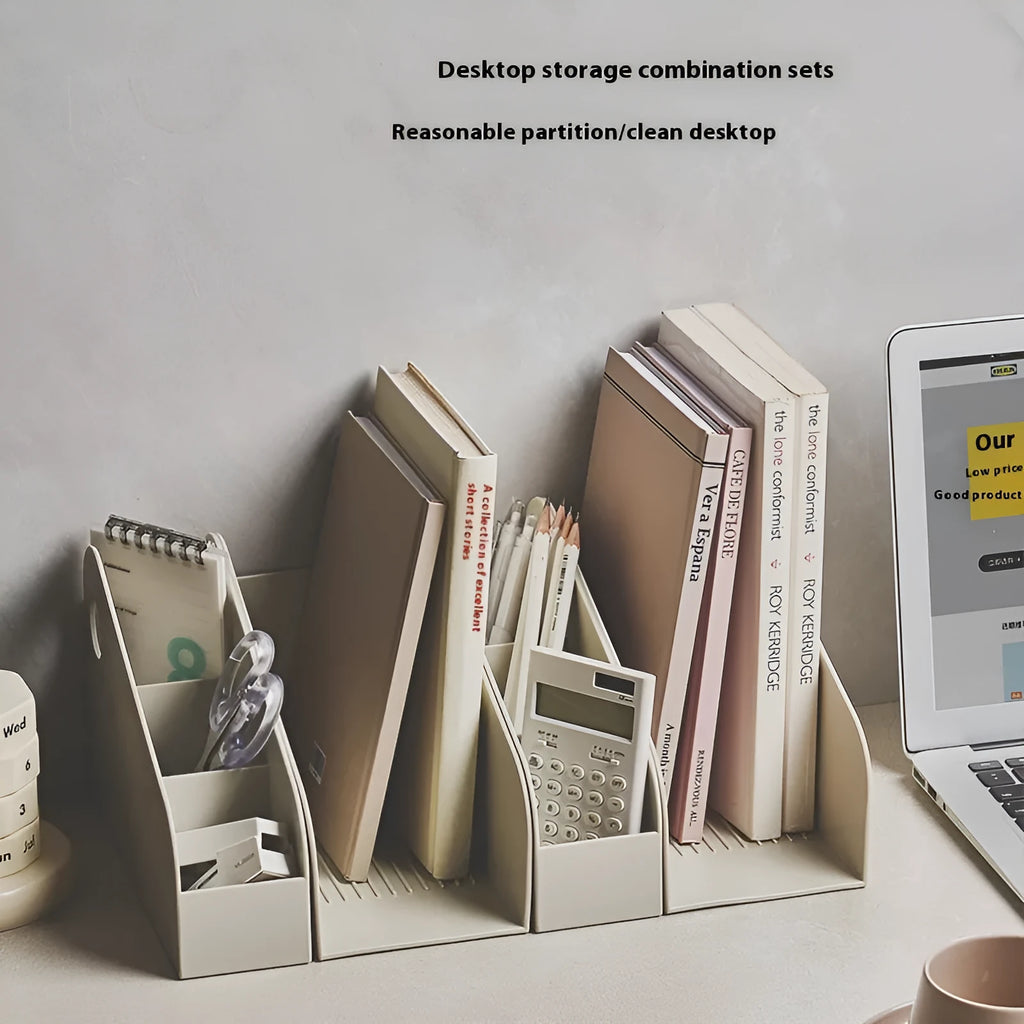 Desktop plastic storage box with integrated book shelf and two grid compartments