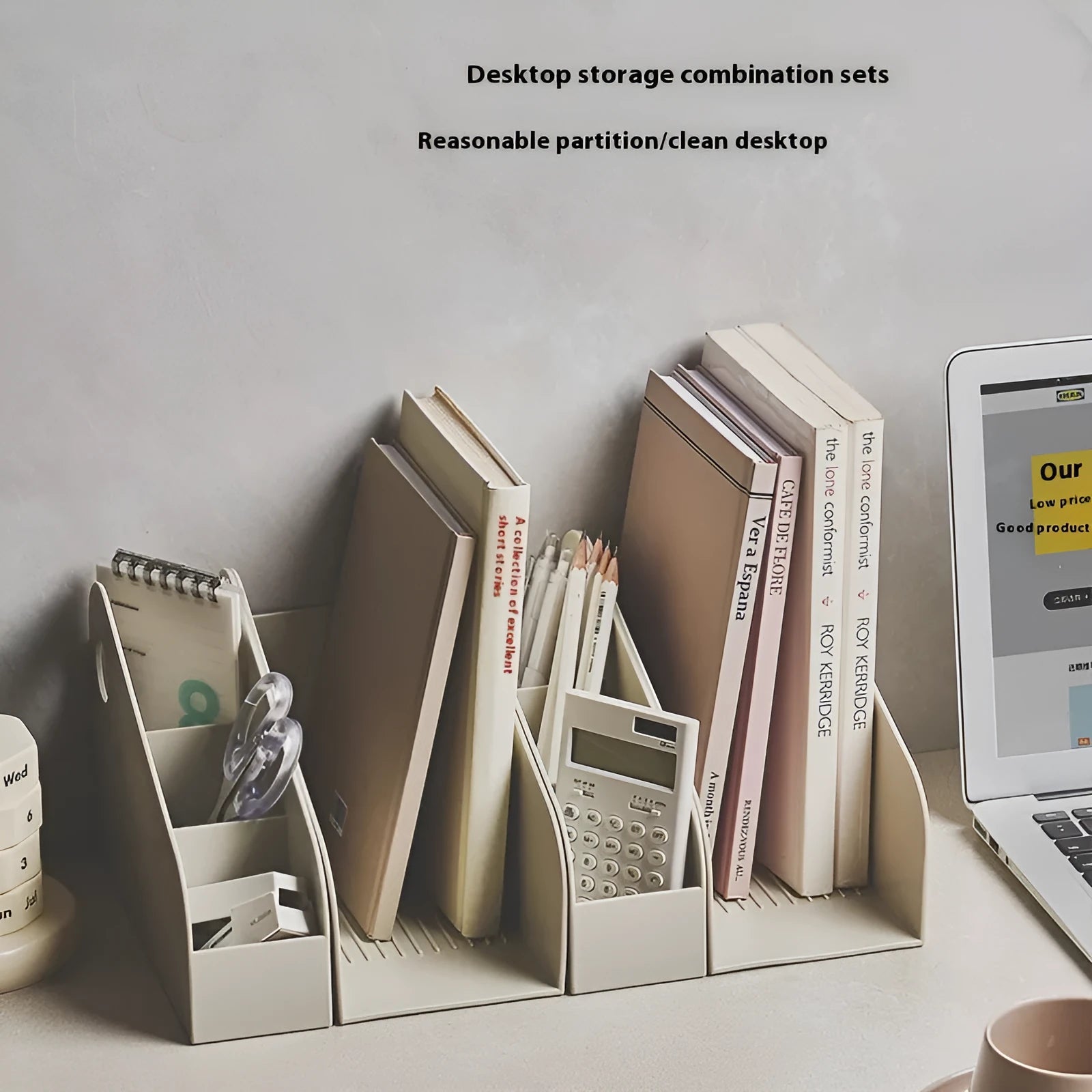 Desktop plastic storage box with integrated book shelf and two grid compartments
