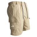 Man or woman wearing loose straight-cut black polyester casual sports shorts with a micro-elastic fabric.