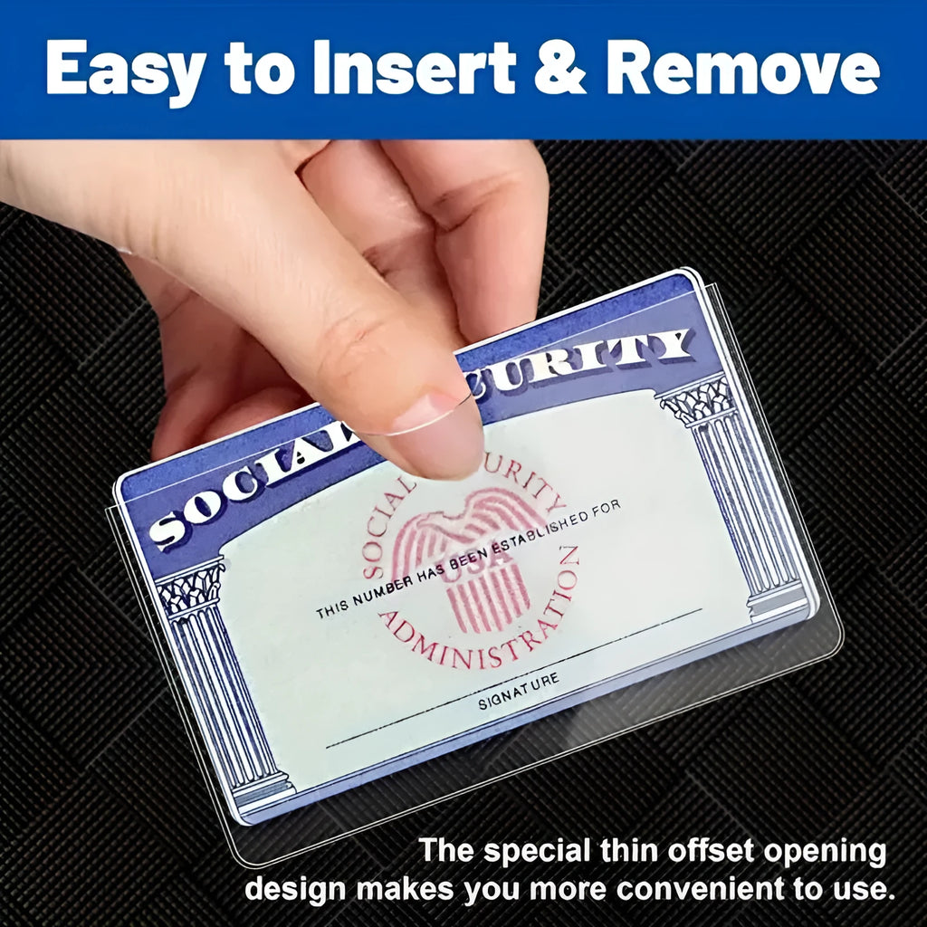 Clear PVC ID card holder protecting a social security card, shown at 9.7 by 5.9 centimetres.