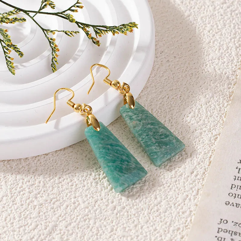 Amazonite trapezoid geometric earrings with rough stone cutting in gold tone setting