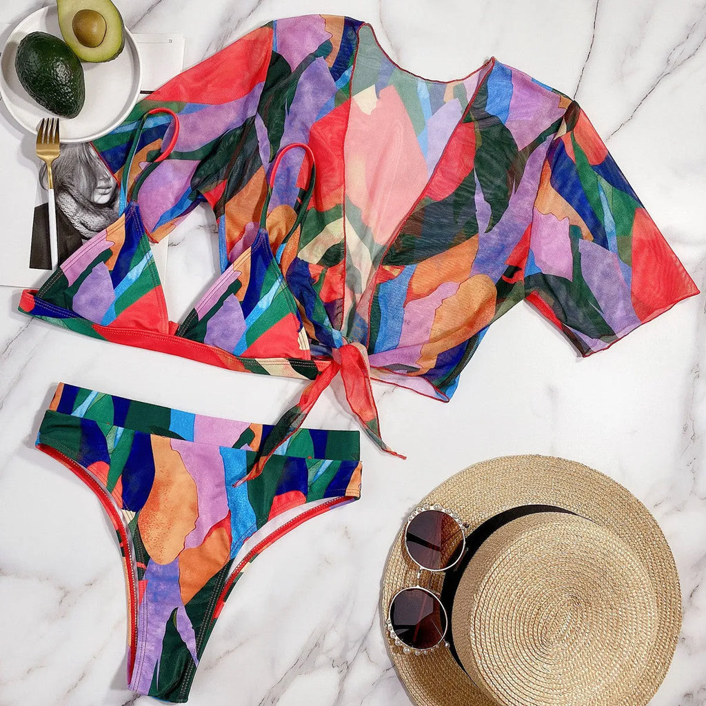 Red printed women's split swimsuit bikini for swimming and surf sports.