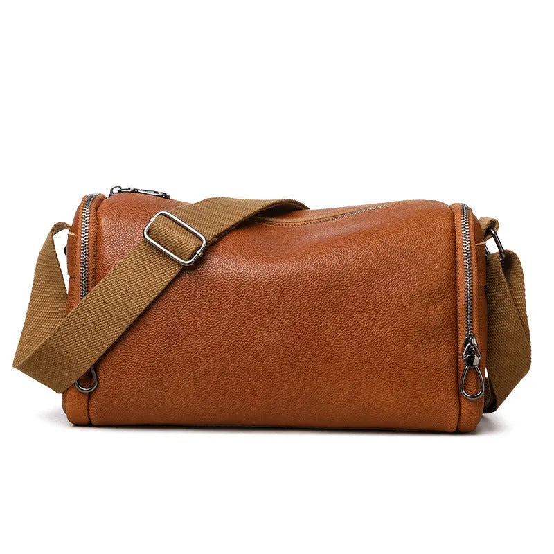 Genuine leather crossbody shoulder bag for men in black with stitching detail and large capacity interior