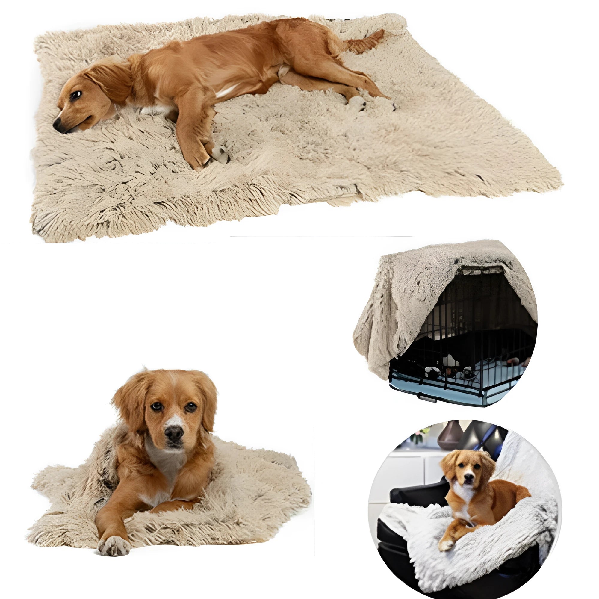 Wool polyester plush pet blanket in dark grey light grey white light pink colours showing S M L size options