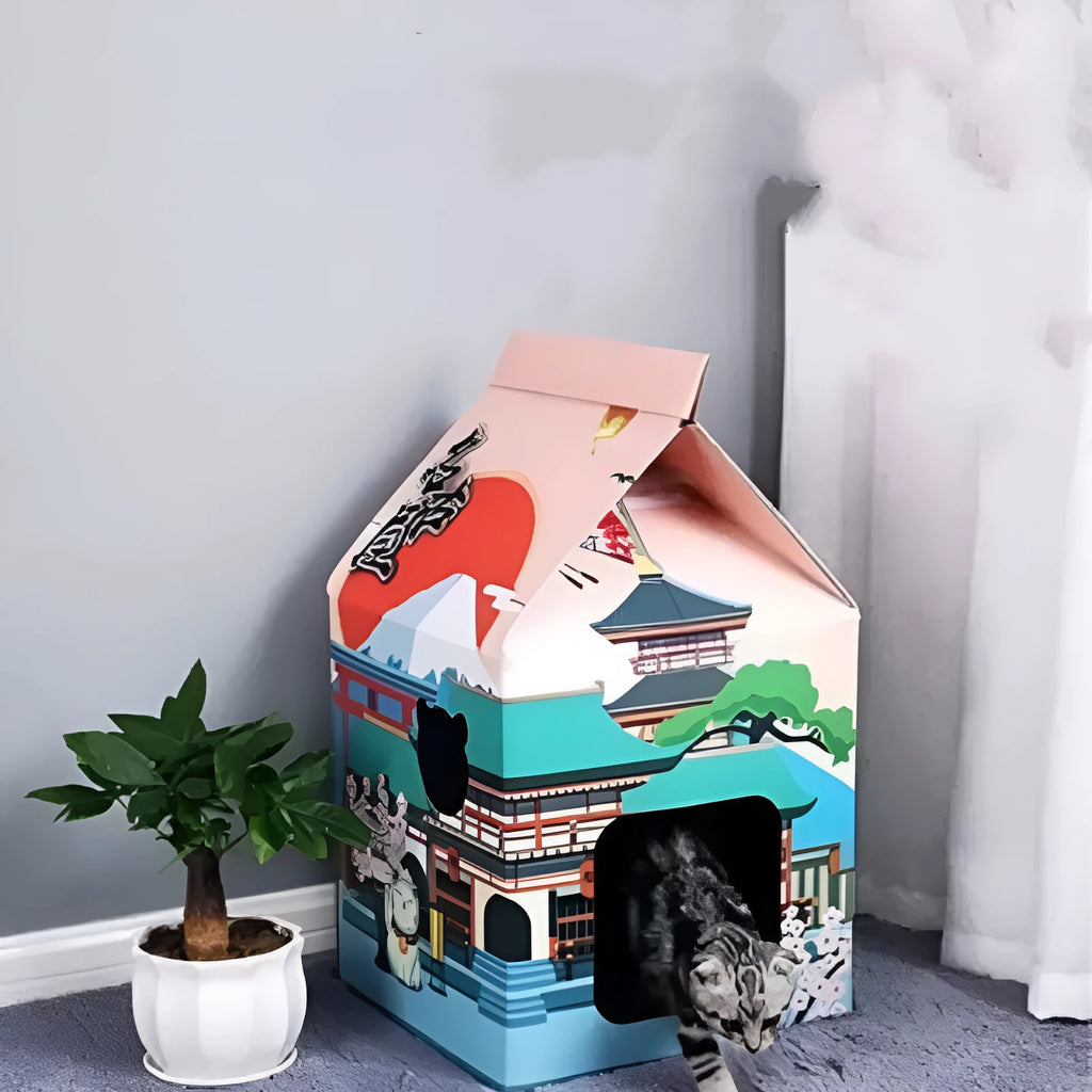 Foldable rectangular corrugated paper cat scratching board with a Nagoya pattern design.