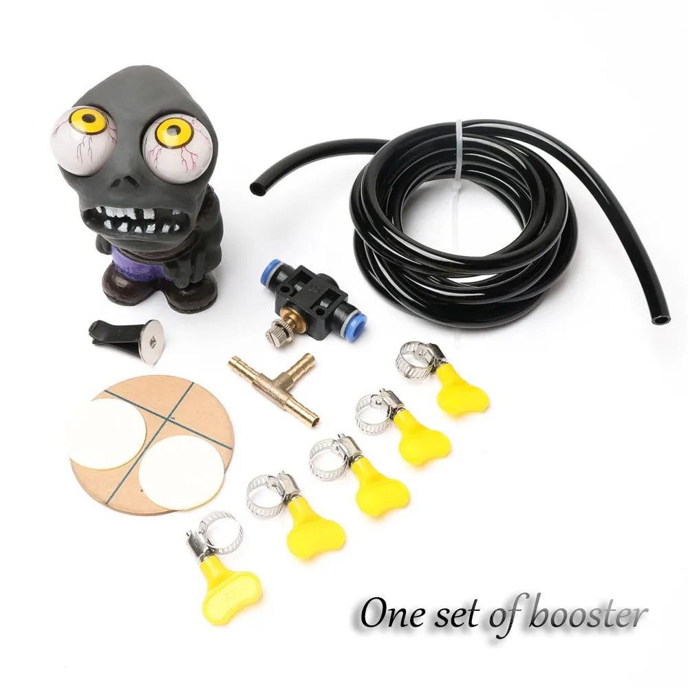 Adjustable turbo car boost eye doll ornament kit with pressure valve, copper tube, and mounting clips on a white background.