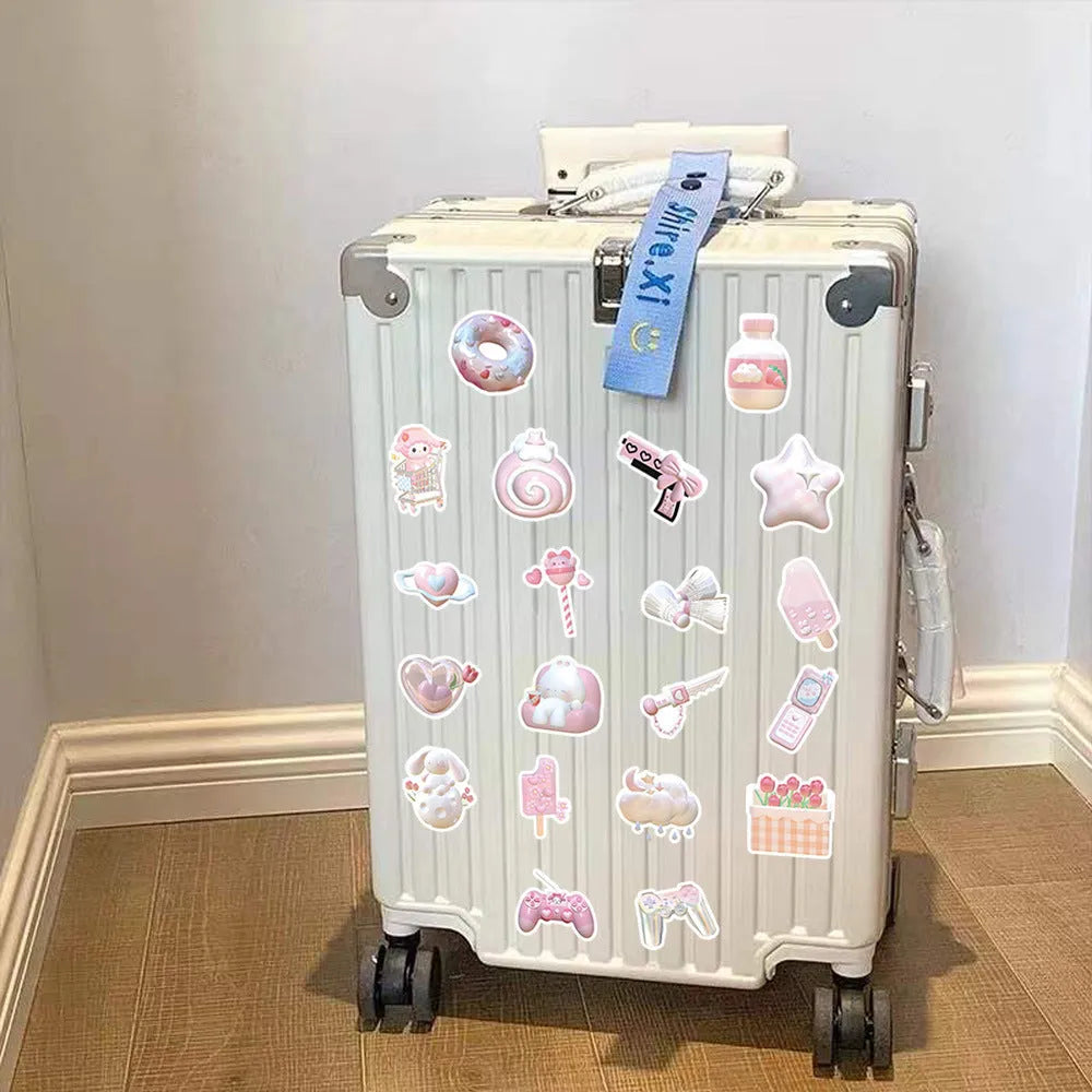 63 piece set of pink 3D girl heart decorative stickers in cute style on a sheet.