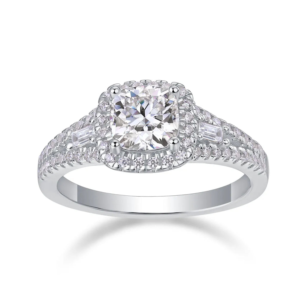 Day By Day moissanite wedding ring set with square 6x6mm stone, S925 silver band, platinum-plated, sizes 5-9, gift box
