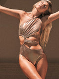 Gold C3177 women's one-piece swimsuit with backless design shown in S, M, L sizes