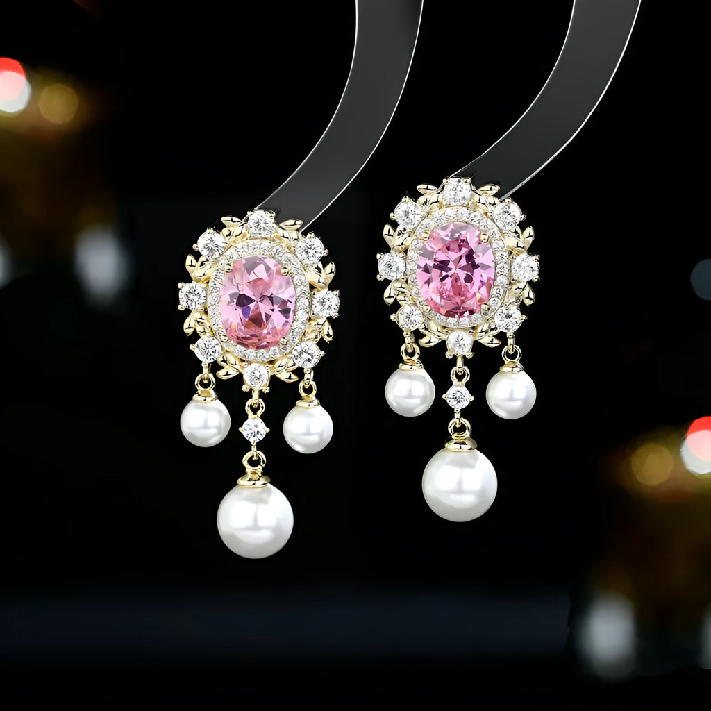 Oval geometric earrings with zircon inlay, pearl details and tassels in light purple, pink or white