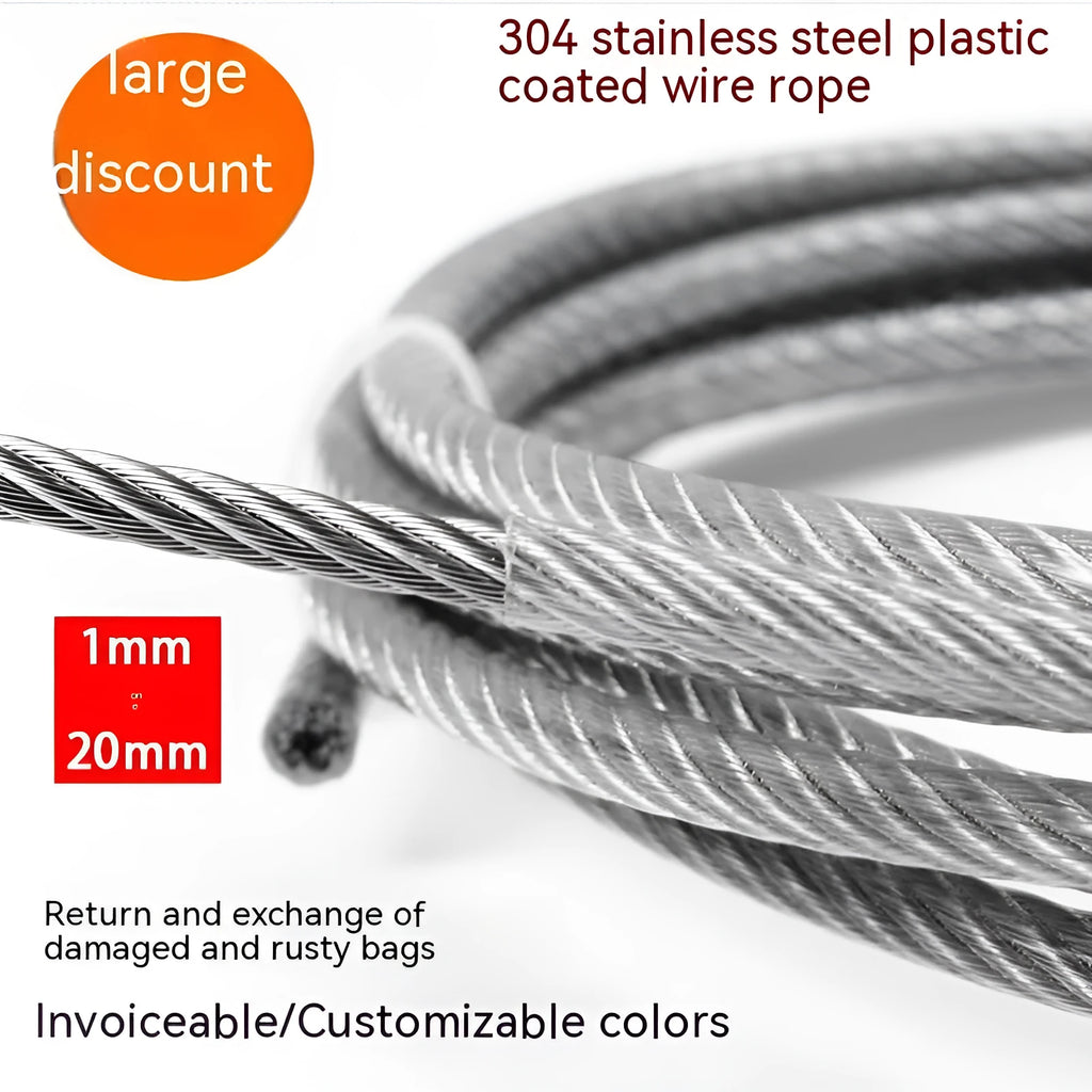 Coiled 304 stainless steel anti-theft security cable with coated finish on a grey background.