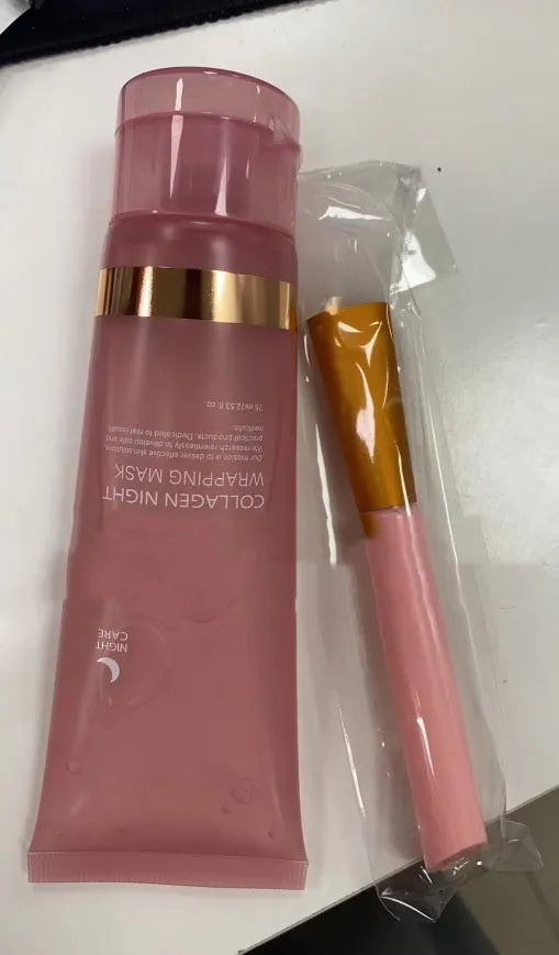 75ml collagen night face mask bottle with application brush for firming and hydration.