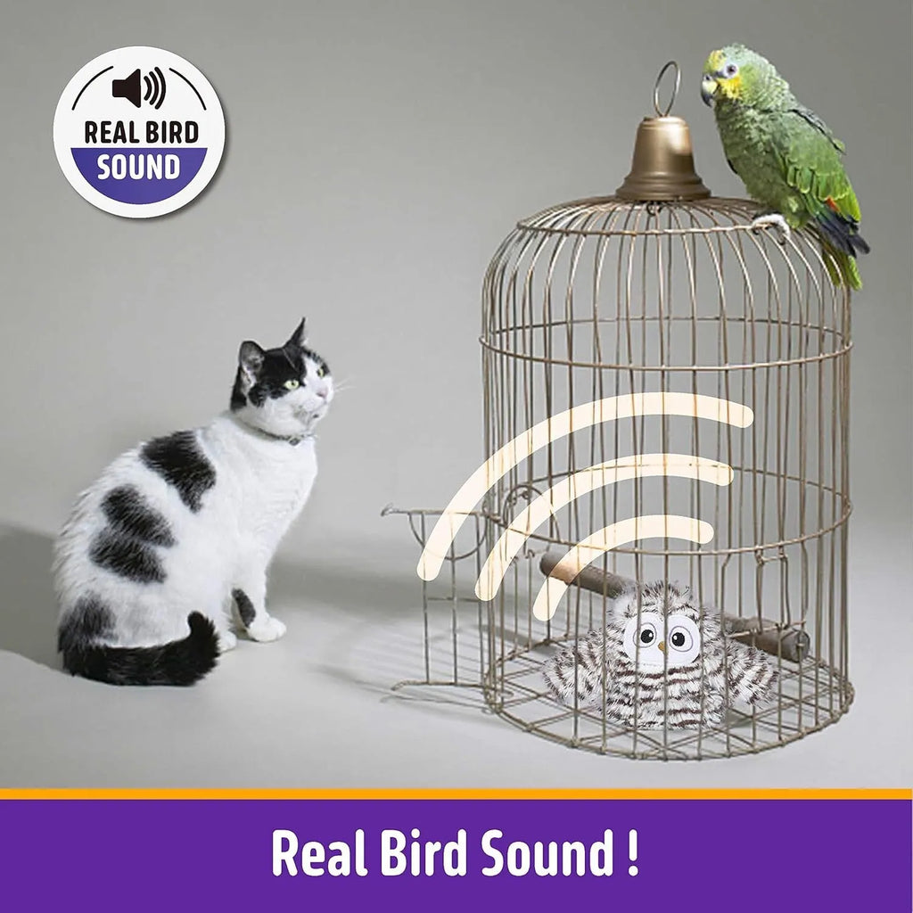 Grey automatic chirping owl cat toy with flapping wings for indoor cats