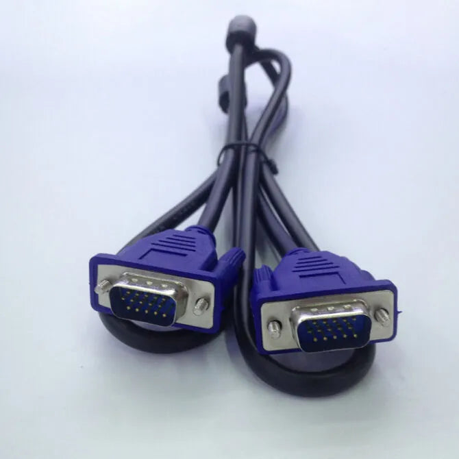 Black VGA cable with blue connectors and nickel-plated terminals measuring 1.5 metres for computer to monitor connection