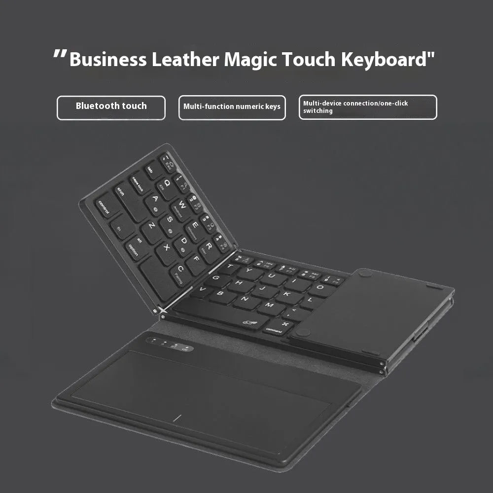 Black leather folding Bluetooth keyboard displayed against white background, folded and unfolded